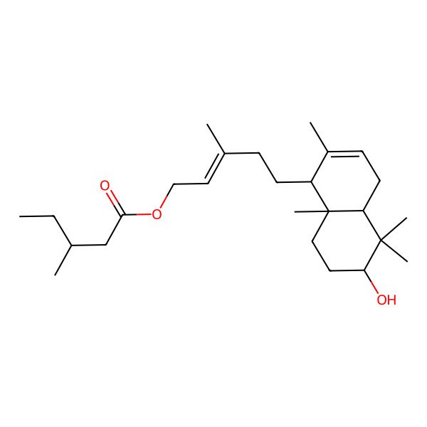 2D Structure of [(E)-5-[(1R,4aS,6S,8aS)-6-hydroxy-2,5,5,8a-tetramethyl-1,4,4a,6,7,8-hexahydronaphthalen-1-yl]-3-methylpent-2-enyl] (3S)-3-methylpentanoate