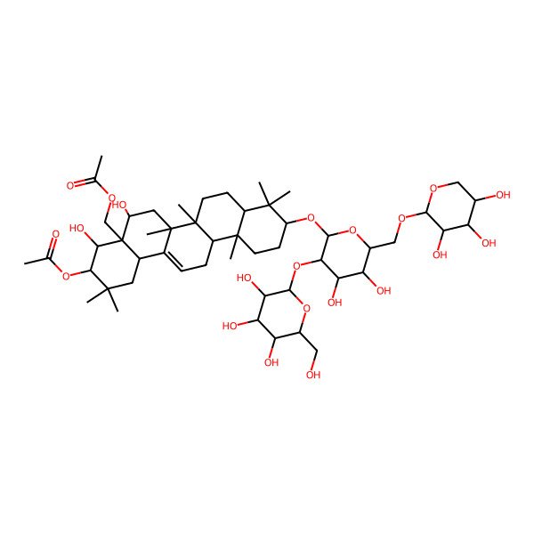 2D Structure of [(3R,4R,4aR,5R,6aR,6aS,6bR,8aR,10S,12aR,14bS)-3-acetyloxy-10-[(2R,3R,4S,5S,6R)-4,5-dihydroxy-3-[(2S,3R,4S,5S,6R)-3,4,5-trihydroxy-6-(hydroxymethyl)oxan-2-yl]oxy-6-[[(2S,3R,4S,5S)-3,4,5-trihydroxyoxan-2-yl]oxymethyl]oxan-2-yl]oxy-4,5-dihydroxy-2,2,6a,6b,9,9,12a-heptamethyl-1,3,4,5,6,6a,7,8,8a,10,11,12,13,14b-tetradecahydropicen-4a-yl]methyl acetate