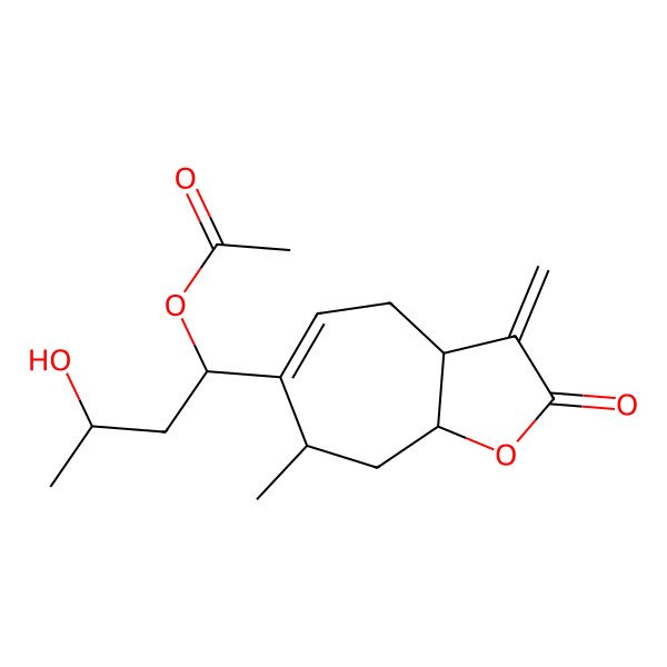 2D Structure of 2H-Cyclohepta(b)furan-2-one, 6-(1-(acetyloxy)-3-hydroxybutyl)-3,3a,4,7,8,8a-hexahydro-7-methyl-3-methylene- 2D Structure of 2H-Cyclohepta(b)furan-2-one, 6-(1-(acetyloxy)-3-hydroxybutyl)-3,3a,4,7,8,8a-hexahydro-7-methyl-3-methylene-