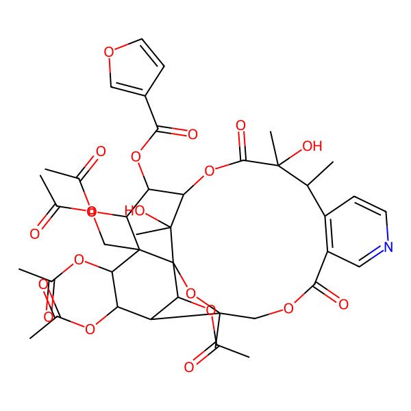 2D Structure of [(1S,3R,13R,14R,17S,18R,19R,20R,21S,22R,23R,24R)-19,21,22,24-tetraacetyloxy-20-(acetyloxymethyl)-14,25-dihydroxy-3,13,14,25-tetramethyl-6,15-dioxo-2,5,16-trioxa-9-azapentacyclo[15.7.1.01,20.03,23.07,12]pentacosa-7(12),8,10-trien-18-yl] furan-3-carboxylate