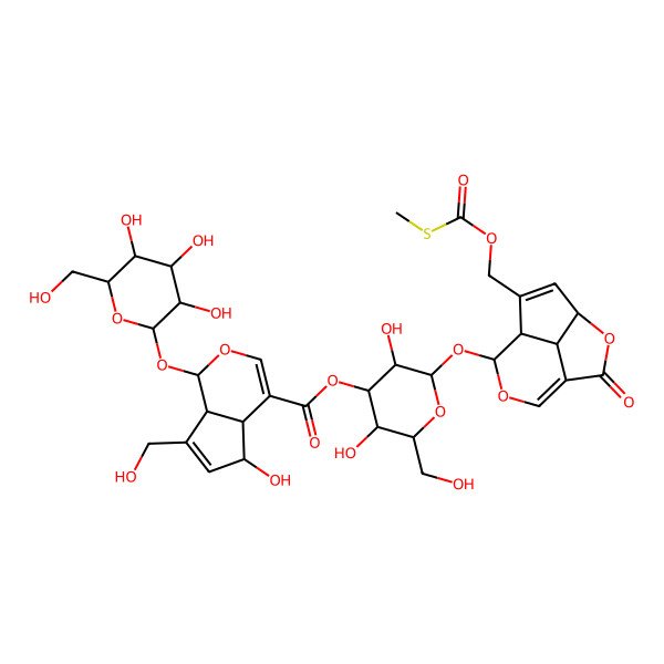 2D Structure of [3,5-Dihydroxy-2-(hydroxymethyl)-6-[[6-(methylsulfanylcarbonyloxymethyl)-2-oxo-3,9-dioxatricyclo[5.3.1.04,11]undeca-1(10),5-dien-8-yl]oxy]oxan-4-yl] 5-hydroxy-7-(hydroxymethyl)-1-[3,4,5-trihydroxy-6-(hydroxymethyl)oxan-2-yl]oxy-1,4a,5,7a-tetrahydrocyclopenta[c]pyran-4-carboxylate