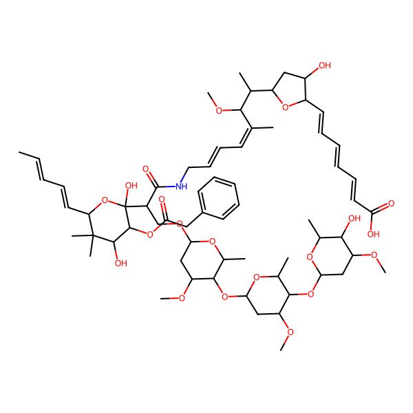 2D Structure of (2E,4E,6E)-7-[(2S,3S,5R)-5-[(2S,3S,4E,6E)-8-[[(2R)-2-[(2R,3R,4R,6S)-2,4-dihydroxy-5,5-dimethyl-6-[(1E,3Z)-penta-1,3-dienyl]-3-(2-phenylacetyl)oxyoxan-2-yl]-3-[(2R,4S,5R,6S)-5-[(2R,4R,5S,6S)-5-[(2S,4S,5R,6S)-5-hydroxy-4-methoxy-6-methyloxan-2-yl]oxy-4-methoxy-6-methyloxan-2-yl]oxy-4-methoxy-6-methyloxan-2-yl]oxypropanoyl]amino]-3-methoxy-4-methylocta-4,6-dien-2-yl]-3-hydroxyoxolan-2-yl]hepta-2,4,6-trienoic acid