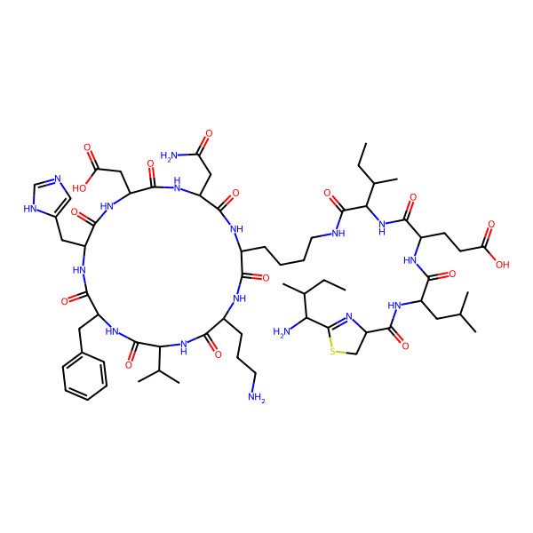 2D Structure of (4R)-4-[[(2S)-2-[[(4R)-2-[(1S,2S)-1-amino-2-methylbutyl]-4,5-dihydro-1,3-thiazole-4-carbonyl]amino]-4-methylpentanoyl]amino]-5-[[(2S,3S)-1-[4-[(2S,5R,8S,11R,14S,17R,20S)-20-(2-amino-2-oxoethyl)-5-(3-aminopropyl)-11-benzyl-17-(carboxymethyl)-14-(1H-imidazol-5-ylmethyl)-3,6,9,12,15,18,21-heptaoxo-8-propan-2-yl-1,4,7,10,13,16,19-heptazacyclohenicos-2-yl]butylamino]-3-methyl-1-oxopentan-2-yl]amino]-5-oxopentanoic acid