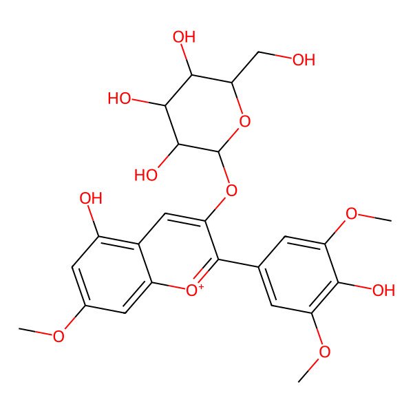 2D Structure of (2S,3S,4S,5S,6R)-2-[5-hydroxy-2-(4-hydroxy-3,5-dimethoxyphenyl)-7-methoxychromenylium-3-yl]oxy-6-(hydroxymethyl)oxane-3,4,5-triol