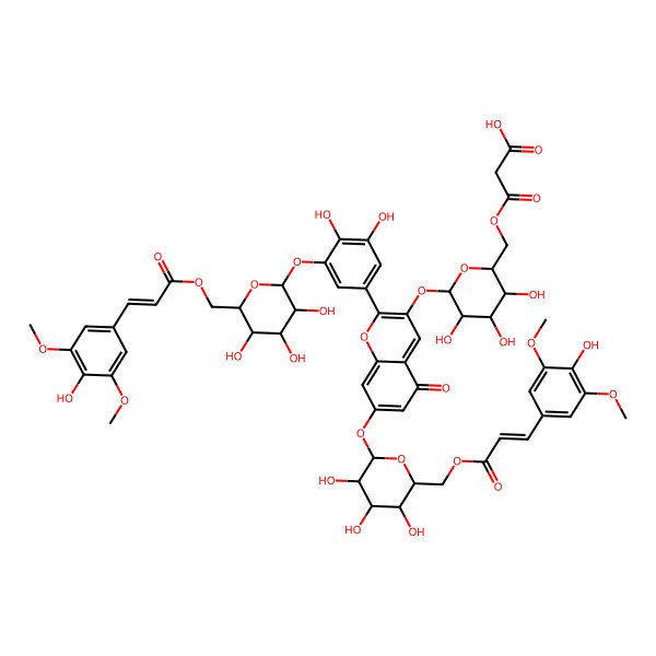 2D Structure of 3-[[(2R,3R,4S,5S,6S)-6-[2-[3,4-dihydroxy-5-[(2S,3R,4S,5R,6R)-3,4,5-trihydroxy-6-[3-(4-hydroxy-3,5-dimethoxyphenyl)prop-2-enoyloxymethyl]oxan-2-yl]oxyphenyl]-5-oxo-7-[(2S,3S,4S,5R,6R)-3,4,5-trihydroxy-6-[3-(4-hydroxy-3,5-dimethoxyphenyl)prop-2-enoyloxymethyl]oxan-2-yl]oxychromen-3-yl]oxy-3,4,5-trihydroxyoxan-2-yl]methoxy]-3-oxopropanoic acid
