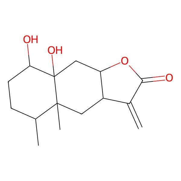 2D Structure of (3aR,4aR,5S,8R,8aR,9aR)-8,8a-dihydroxy-4a,5-dimethyl-3-methylidene-3a,4,5,6,7,8,9,9a-octahydrobenzo[f][1]benzofuran-2-one