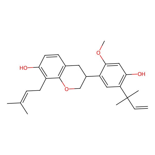 2D Structure of 3-[4-hydroxy-2-methoxy-5-(2-methylbut-3-en-2-yl)phenyl]-8-(3-methylbut-2-enyl)-3,4-dihydro-2H-chromen-7-ol