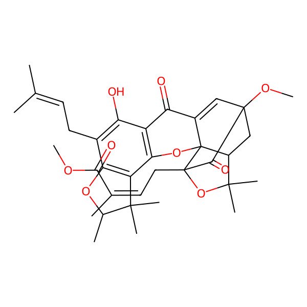 2D Structure of methyl (E)-4-[(1R,2R,7S,16S,18S)-11-hydroxy-16-methoxy-6,6,7,20,20-pentamethyl-10-(3-methylbut-2-enyl)-13,17-dioxo-3,8,19-trioxahexacyclo[14.4.1.02,14.02,18.04,12.05,9]henicosa-4(12),5(9),10,14-tetraen-18-yl]-2-methylbut-2-enoate