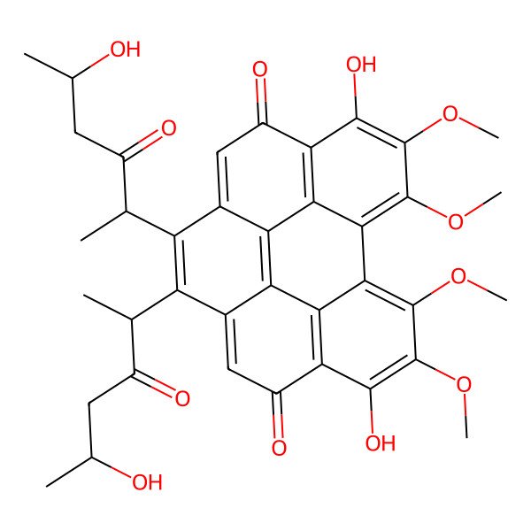 2D Structure of 7,18-dihydroxy-12,13-bis(5-hydroxy-3-oxohexan-2-yl)-5,6,19,20-tetramethoxyhexacyclo[12.8.0.02,11.03,8.04,21.017,22]docosa-1,3(8),4,6,10,12,14,17(22),18,20-decaene-9,16-dione