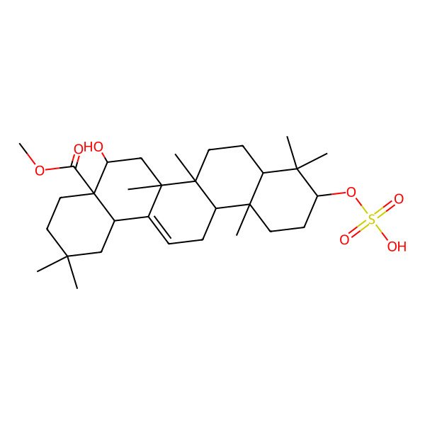 2D Structure of methyl (4aR,5R,6aR,6aS,6bR,8aS,10S,12aR,14bS)-5-hydroxy-2,2,6a,6b,9,9,12a-heptamethyl-10-sulfooxy-1,3,4,5,6,6a,7,8,8a,10,11,12,13,14b-tetradecahydropicene-4a-carboxylate