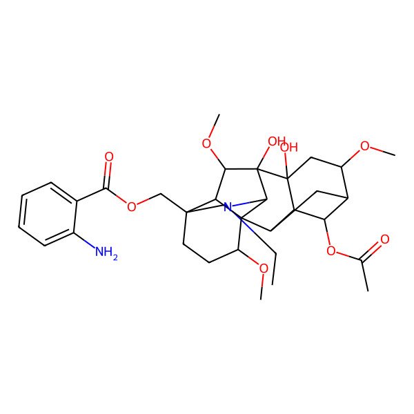 2D Structure of [(1S,2R,3R,4S,5R,6S,8R,9S,10S,13S,16R,17R,18S)-4-acetyloxy-11-ethyl-8,9-dihydroxy-6,16,18-trimethoxy-11-azahexacyclo[7.7.2.12,5.01,10.03,8.013,17]nonadecan-13-yl]methyl 2-aminobenzoate