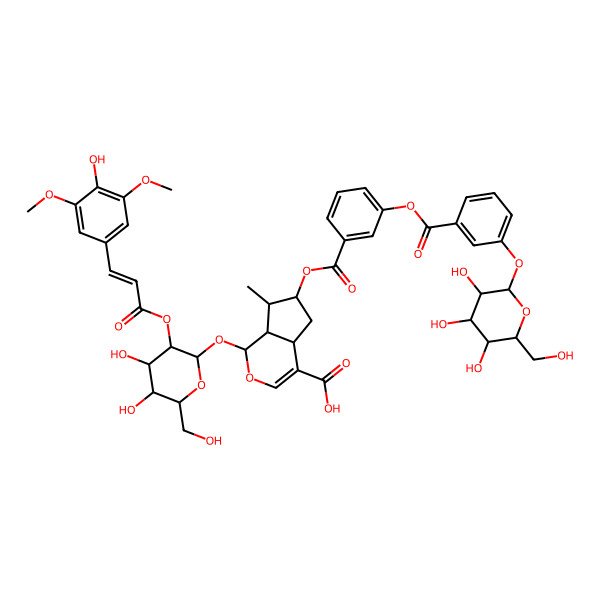 2D Structure of 1-[4,5-Dihydroxy-3-[3-(4-hydroxy-3,5-dimethoxyphenyl)prop-2-enoyloxy]-6-(hydroxymethyl)oxan-2-yl]oxy-7-methyl-6-[3-[3-[3,4,5-trihydroxy-6-(hydroxymethyl)oxan-2-yl]oxybenzoyl]oxybenzoyl]oxy-1,4a,5,6,7,7a-hexahydrocyclopenta[c]pyran-4-carboxylic acid