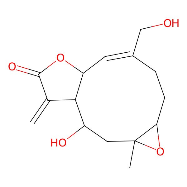 2D Structure of (1R,2S,4S,6R,9Z,11R)-2-hydroxy-9-(hydroxymethyl)-4-methyl-14-methylidene-5,12-dioxatricyclo[9.3.0.04,6]tetradec-9-en-13-one