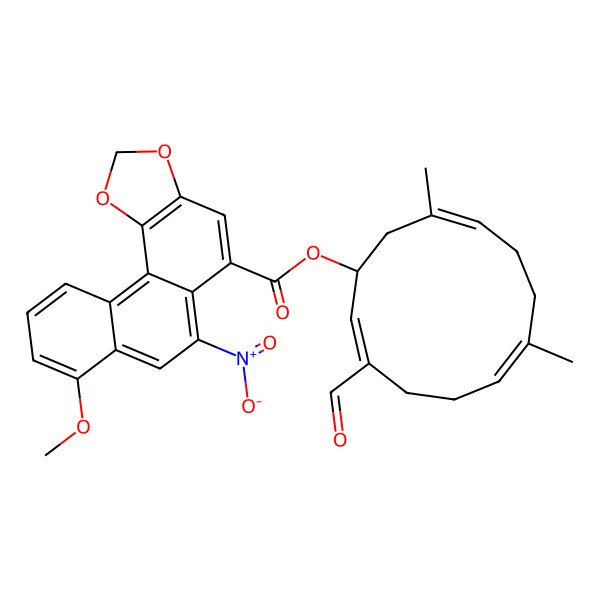 2D Structure of (3-Formyl-7,11-dimethylcyclododeca-2,6,10-trien-1-yl) 8-methoxy-6-nitronaphtho[2,1-g][1,3]benzodioxole-5-carboxylate