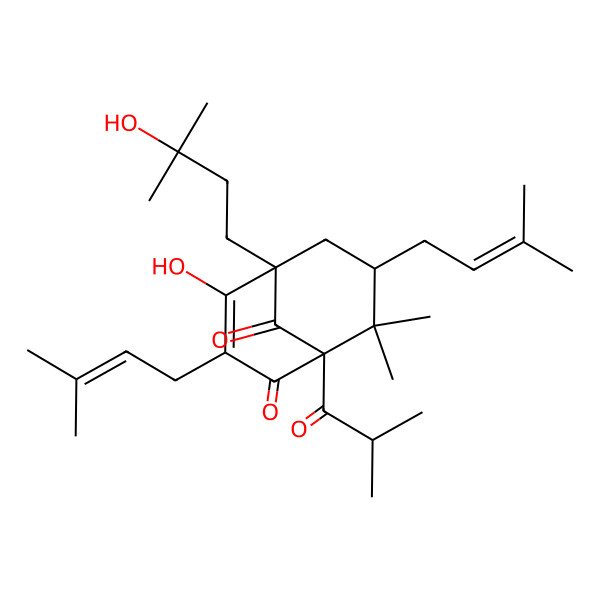 2D Structure of (1S,5R,7R)-4-hydroxy-5-(3-hydroxy-3-methylbutyl)-8,8-dimethyl-3,7-bis(3-methylbut-2-enyl)-1-(2-methylpropanoyl)bicyclo[3.3.1]non-3-ene-2,9-dione