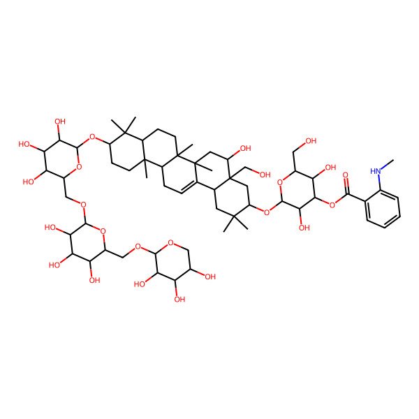2D Structure of [(2R,3R,4S,5R,6R)-2-[[(3S,4aS,5S,6aR,6aS,6bR,8aR,10S,12aR,14bS)-5-hydroxy-4a-(hydroxymethyl)-2,2,6a,6b,9,9,12a-heptamethyl-10-[(2R,3R,4S,5S,6R)-3,4,5-trihydroxy-6-[[(2R,3R,4S,5S,6R)-3,4,5-trihydroxy-6-[[(2S,3R,4S,5R)-3,4,5-trihydroxyoxan-2-yl]oxymethyl]oxan-2-yl]oxymethyl]oxan-2-yl]oxy-1,3,4,5,6,6a,7,8,8a,10,11,12,13,14b-tetradecahydropicen-3-yl]oxy]-3,5-dihydroxy-6-(hydroxymethyl)oxan-4-yl] 2-(methylamino)benzoate