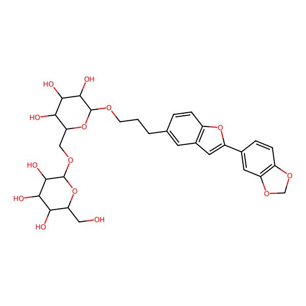 2D Structure of (2R,3R,4S,5S,6R)-2-[[(2R,3S,4S,5R,6R)-6-[3-[2-(1,3-benzodioxol-5-yl)-1-benzofuran-5-yl]propoxy]-3,4,5-trihydroxyoxan-2-yl]methoxy]-6-(hydroxymethyl)oxane-3,4,5-triol