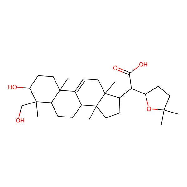 2D Structure of (2S)-2-[(2S)-5,5-dimethyloxolan-2-yl]-2-[(3S,4S,5R,8S,10S,13R,14S,17R)-3-hydroxy-4-(hydroxymethyl)-4,10,13,14-tetramethyl-2,3,5,6,7,8,12,15,16,17-decahydro-1H-cyclopenta[a]phenanthren-17-yl]acetic acid