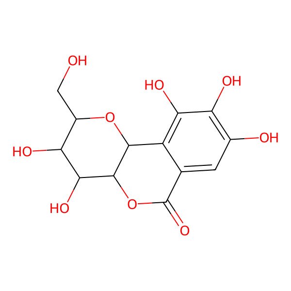 2D Structure of (2R,3R,4S,4aR,10bS)-3,4,8,9,10-pentahydroxy-2-(hydroxymethyl)-3,4,4a,10b-tetrahydro-2H-pyrano[3,2-c]isochromen-6-one