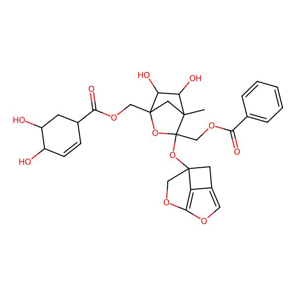 2D Structure of [1-[(4,5-Dihydroxycyclohex-2-ene-1-carbonyl)oxymethyl]-3-(5,7-dioxatricyclo[4.2.1.03,9]nona-3,6(9)-dien-1-yloxy)-5,6-dihydroxy-4-methyl-2-oxabicyclo[2.2.1]heptan-3-yl]methyl benzoate