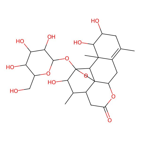 2D Structure of (1S,4S,5R,6R,7S,11R,16S,17S,18R,19R)-5,16,17-trihydroxy-6,14,18-trimethyl-4-[(2R,3S,4R,5R,6S)-3,4,5-trihydroxy-6-(hydroxymethyl)oxan-2-yl]oxy-3,10-dioxapentacyclo[9.8.0.01,7.04,19.013,18]nonadec-13-en-9-one