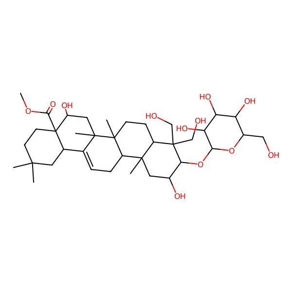 2D Structure of Methyl 5,11-dihydroxy-9,9-bis(hydroxymethyl)-2,2,6a,6b,12a-pentamethyl-10-[3,4,5-trihydroxy-6-(hydroxymethyl)oxan-2-yl]oxy-1,3,4,5,6,6a,7,8,8a,10,11,12,13,14b-tetradecahydropicene-4a-carboxylate