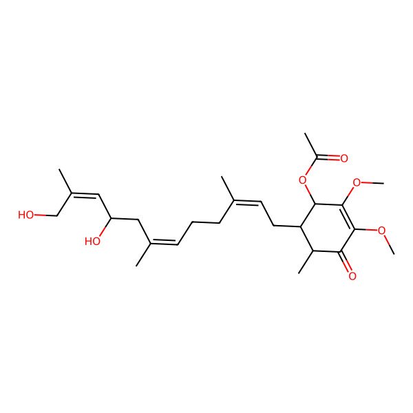 2D Structure of [6-(9,12-Dihydroxy-3,7,11-trimethyldodeca-2,6,10-trienyl)-2,3-dimethoxy-5-methyl-4-oxocyclohex-2-en-1-yl] acetate