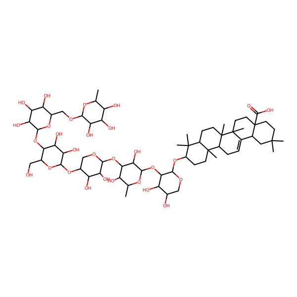 2D Structure of (4aR,6aS,6aR,6bR,8aS,10S,12aS,14bS)-10-[(2R,3R,4S,5S)-3-[(2R,3S,4S,5R,6R)-4-[(2S,3R,4R,5S)-5-[(2S,3R,4R,5R,6S)-3,4-dihydroxy-6-(hydroxymethyl)-5-[(2S,3R,4R,5S,6S)-3,4,5-trihydroxy-6-[[(2S,3R,4S,5R,6R)-3,4,5-trihydroxy-6-methyloxan-2-yl]oxymethyl]oxan-2-yl]oxyoxan-2-yl]oxy-3,4-dihydroxyoxan-2-yl]oxy-3,5-dihydroxy-6-methyloxan-2-yl]oxy-4,5-dihydroxyoxan-2-yl]oxy-2,2,6a,6b,9,9,12a-heptamethyl-1,3,4,5,6,6a,7,8,8a,10,11,12,13,14b-tetradecahydropicene-4a-carboxylic acid