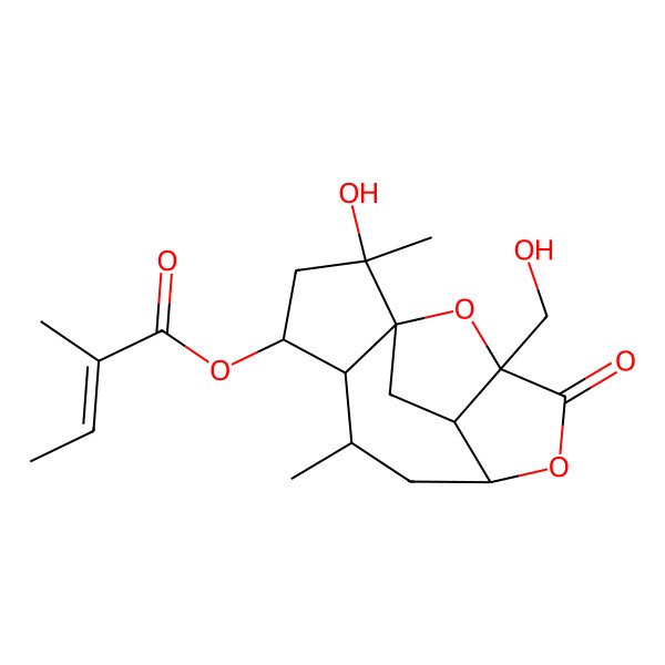 2D Structure of [2-Hydroxy-11-(hydroxymethyl)-2,6-dimethyl-10-oxo-9,14-dioxatetracyclo[9.2.1.01,5.08,12]tetradecan-4-yl] 2-methylbut-2-enoate