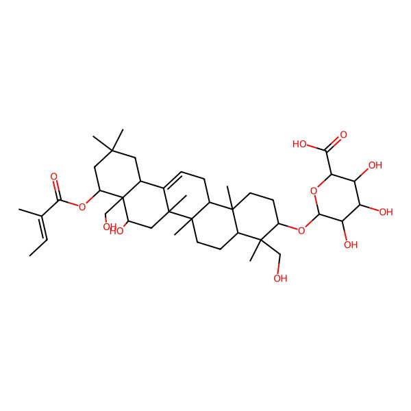 2D Structure of (2S,3S,4S,5R,6R)-6-[[(3S,4R,4aR,6aR,6bS,8S,8aR,9S,12aS,14aR,14bR)-8-hydroxy-4,8a-bis(hydroxymethyl)-4,6a,6b,11,11,14b-hexamethyl-9-[(E)-2-methylbut-2-enoyl]oxy-1,2,3,4a,5,6,7,8,9,10,12,12a,14,14a-tetradecahydropicen-3-yl]oxy]-3,4,5-trihydroxyoxane-2-carboxylic acid