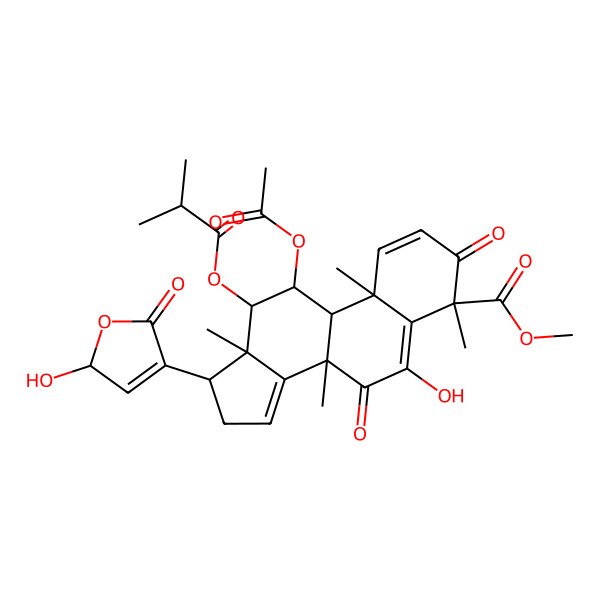 2D Structure of methyl (4R,8R,9R,10R,11R,12R,13S,17R)-11-acetyloxy-6-hydroxy-17-(2-hydroxy-5-oxo-2H-furan-4-yl)-4,8,10,13-tetramethyl-12-(2-methylpropanoyloxy)-3,7-dioxo-11,12,16,17-tetrahydro-9H-cyclopenta[a]phenanthrene-4-carboxylate