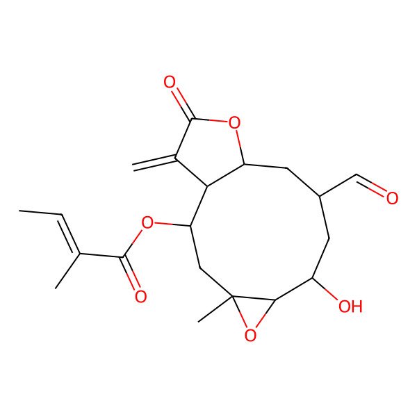 2D Structure of (9-Formyl-7-hydroxy-4-methyl-14-methylidene-13-oxo-5,12-dioxatricyclo[9.3.0.04,6]tetradecan-2-yl) 2-methylbut-2-enoate