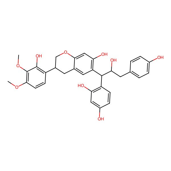 2D Structure of 4-[2-hydroxy-1-[7-hydroxy-3-(2-hydroxy-3,4-dimethoxyphenyl)-3,4-dihydro-2H-chromen-6-yl]-3-(4-hydroxyphenyl)propyl]benzene-1,3-diol