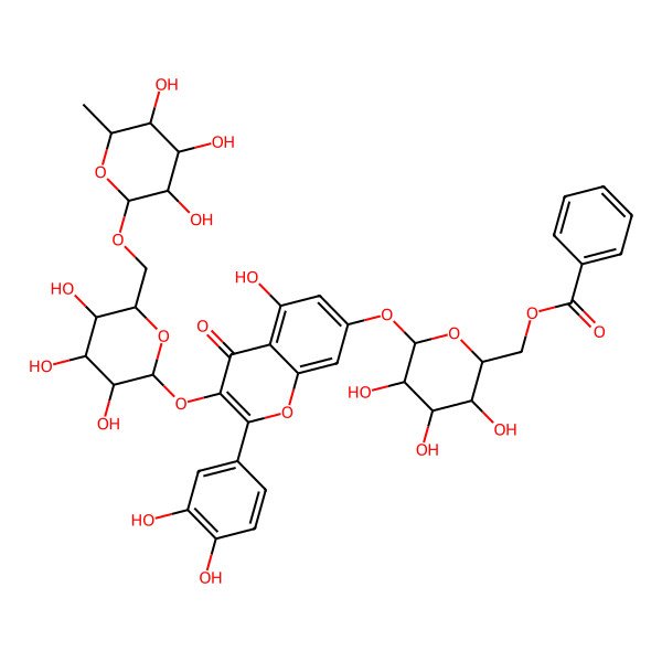 2D Structure of [(2R,3S,4S,5S,6S)-6-[2-(3,4-dihydroxyphenyl)-5-hydroxy-4-oxo-3-[(2S,3R,4S,5S,6S)-3,4,5-trihydroxy-6-[[(2R,3S,4R,5R,6S)-3,4,5-trihydroxy-6-methyloxan-2-yl]oxymethyl]oxan-2-yl]oxychromen-7-yl]oxy-3,4,5-trihydroxyoxan-2-yl]methyl benzoate