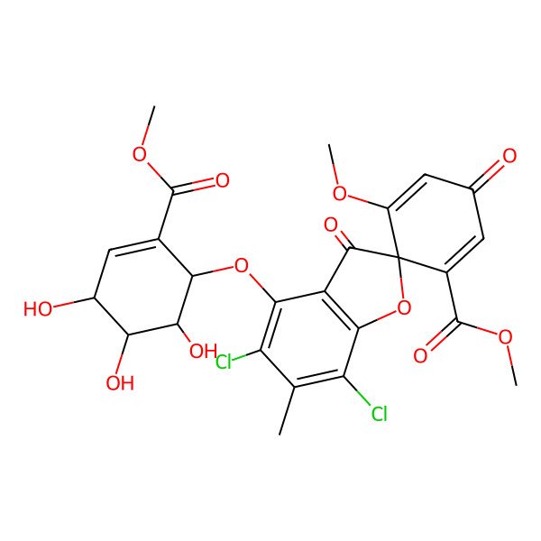 2D Structure of Spiro[benzofuran-2(3H),1'-[2,5]cyclohexadiene]-2'-carboxylic acid, 5,7-dichloro-6'-methoxy-6-methyl-3,4'-dioxo-4-[[(1R,4R,5R,6S)-4,5,6-trihydroxy-2-(methoxycarbonyl)-2-cyclohexen-1-yl]oxy]-, methyl ester, (1'S)-rel-(+)-