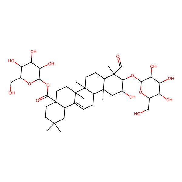 2D Structure of [(2R,3R,4S,5S,6R)-3,4,5-trihydroxy-6-(hydroxymethyl)oxan-2-yl] (4aS,6aR,6aS,6bR,8aR,9S,10R,11R,12aR,14bS)-9-formyl-11-hydroxy-2,2,6a,6b,9,12a-hexamethyl-10-[(2R,3R,4S,5S,6R)-3,4,5-trihydroxy-6-(hydroxymethyl)oxan-2-yl]oxy-1,3,4,5,6,6a,7,8,8a,10,11,12,13,14b-tetradecahydropicene-4a-carboxylate
