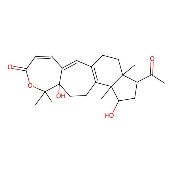 2D Structure of 16-Acetyl-9,14-dihydroxy-8,8,13,17-tetramethyl-7-oxatetracyclo[10.7.0.03,9.013,17]nonadeca-1(12),2,4-trien-6-one