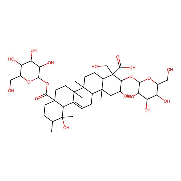 2D Structure of (2R,3R,4R,4aR,6aR,6bS,8aS,11R,12R,12aS,14aR,14bR)-2,12-dihydroxy-4-(hydroxymethyl)-6a,6b,11,12,14b-pentamethyl-3-[(2S,3R,4S,5S,6R)-3,4,5-trihydroxy-6-(hydroxymethyl)oxan-2-yl]oxy-8a-[(2S,3R,4S,5S,6R)-3,4,5-trihydroxy-6-(hydroxymethyl)oxan-2-yl]oxycarbonyl-1,2,3,4a,5,6,7,8,9,10,11,12a,14,14a-tetradecahydropicene-4-carboxylic acid