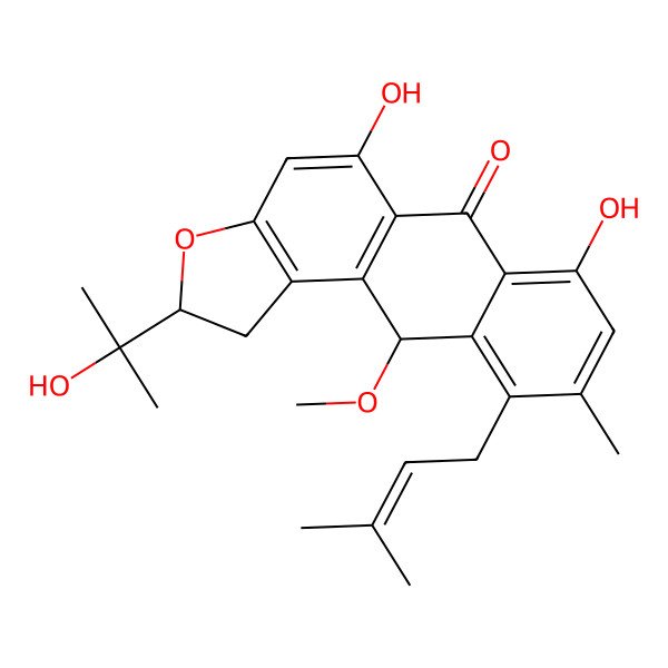 2D Structure of (2S,11S)-5,7-dihydroxy-2-(2-hydroxypropan-2-yl)-11-methoxy-9-methyl-10-(3-methylbut-2-enyl)-2,11-dihydro-1H-naphtho[3,2-e][1]benzofuran-6-one