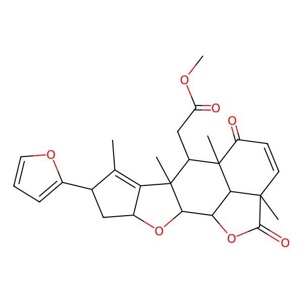 2D Structure of Methyl 2-[6-(furan-2-yl)-7,9,11,15-tetramethyl-12,16-dioxo-3,17-dioxapentacyclo[9.6.1.02,9.04,8.015,18]octadeca-7,13-dien-10-yl]acetate
