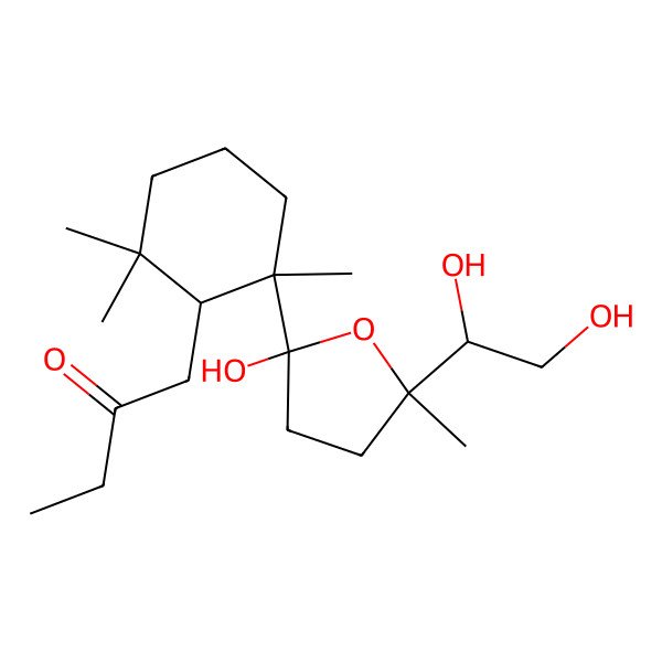 2D Structure of 1-[(1S,2S)-2-[(5R)-5-[(1R)-1,2-dihydroxyethyl]-2-hydroxy-5-methyloxolan-2-yl]-2,6,6-trimethylcyclohexyl]butan-2-one