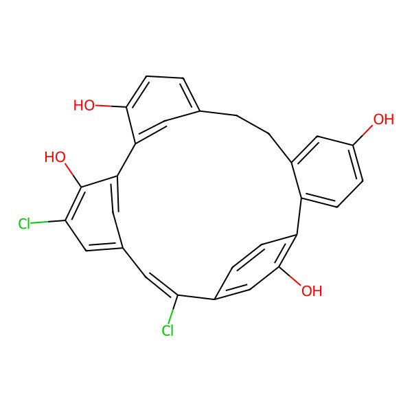 2D Structure of (20E)-17,21-dichloropentacyclo[20.2.2.110,14.115,19.02,7]octacosa-1(24),2(7),3,5,10(28),11,13,15,17,19(27),20,22,25-tridecaene-5,13,16,24-tetrol