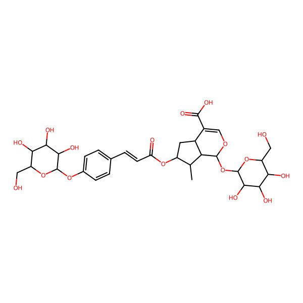 2D Structure of 7-Methyl-1-[3,4,5-trihydroxy-6-(hydroxymethyl)oxan-2-yl]oxy-6-[3-[4-[3,4,5-trihydroxy-6-(hydroxymethyl)oxan-2-yl]oxyphenyl]prop-2-enoyloxy]-1,4a,5,6,7,7a-hexahydrocyclopenta[c]pyran-4-carboxylic acid