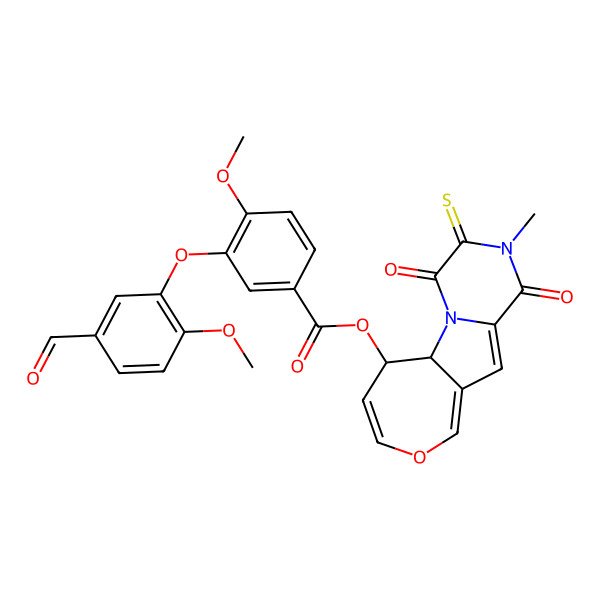 2D Structure of (5-Methyl-3,6-dioxo-4-sulfanylidene-11-oxa-2,5-diazatricyclo[7.5.0.02,7]tetradeca-7,9,12-trien-14-yl) 3-(5-formyl-2-methoxyphenoxy)-4-methoxybenzoate