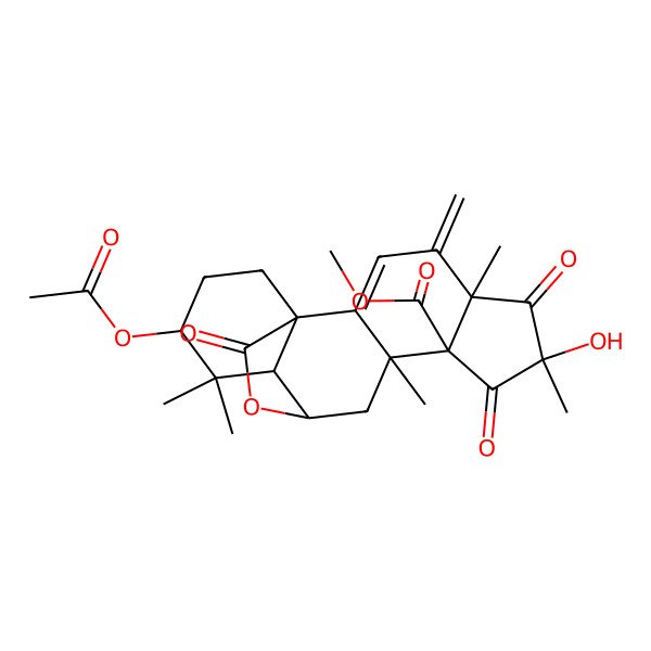 2D Structure of Methyl 15-acetyloxy-7-hydroxy-5,7,10,14,14-pentamethyl-4-methylidene-6,8,18-trioxo-19-oxapentacyclo[10.5.2.01,13.02,10.05,9]nonadec-2-ene-9-carboxylate