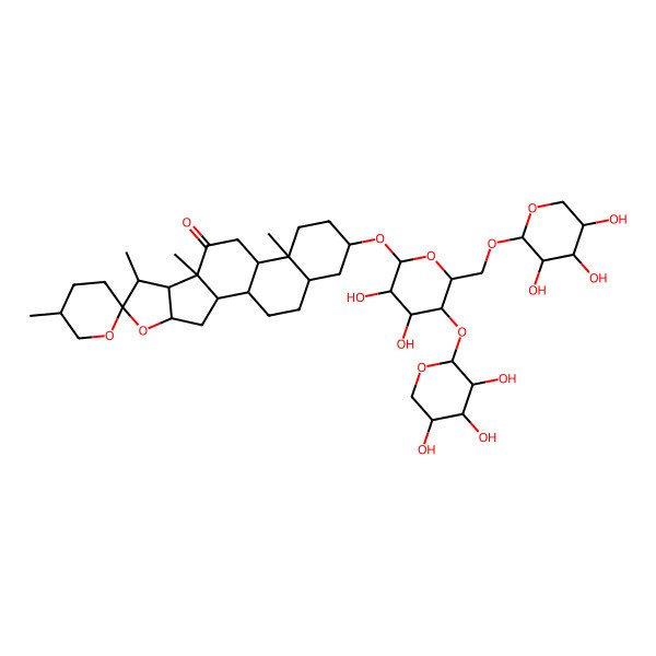2D Structure of 16-[3,4-Dihydroxy-5-(3,4,5-trihydroxyoxan-2-yl)oxy-6-[(3,4,5-trihydroxyoxan-2-yl)oxymethyl]oxan-2-yl]oxy-5',7,9,13-tetramethylspiro[5-oxapentacyclo[10.8.0.02,9.04,8.013,18]icosane-6,2'-oxane]-10-one