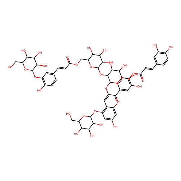2D Structure of [(2R,3S,4S,5R,6S)-6-[2-(3,4-dihydroxyphenyl)-7-hydroxy-5-[(2S,3S,4S,5S,6S)-3,4,5-trihydroxy-6-(hydroxymethyl)oxan-2-yl]oxychromenylium-3-yl]oxy-3,4-dihydroxy-5-[(2S,3R,4S,5S,6R)-3,4,5-trihydroxy-6-[3-[4-hydroxy-3-[(2S,3R,4S,5S,6R)-3,4,5-trihydroxy-6-(hydroxymethyl)oxan-2-yl]oxyphenyl]prop-2-enoyloxymethyl]oxan-2-yl]oxyoxan-2-yl]methyl 3-(3,4-dihydroxyphenyl)prop-2-enoate