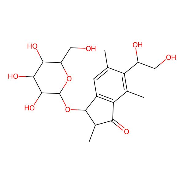 2D Structure of (2R,3R)-6-[(1S)-1,2-dihydroxyethyl]-2,5,7-trimethyl-3-[(2R,3R,4S,5S,6R)-3,4,5-trihydroxy-6-(hydroxymethyl)oxan-2-yl]oxy-2,3-dihydroinden-1-one