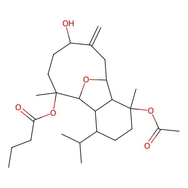 2D Structure of (3-Acetyloxy-12-hydroxy-3,9-dimethyl-13-methylidene-6-propan-2-yl-15-oxatricyclo[6.6.1.02,7]pentadecan-9-yl) butanoate