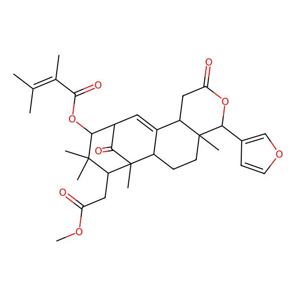 2D Structure of [6-(Furan-3-yl)-16-(2-methoxy-2-oxoethyl)-1,5,15,15-tetramethyl-8,17-dioxo-7-oxatetracyclo[11.3.1.02,11.05,10]heptadec-11-en-14-yl] 2,3-dimethylbut-2-enoate
